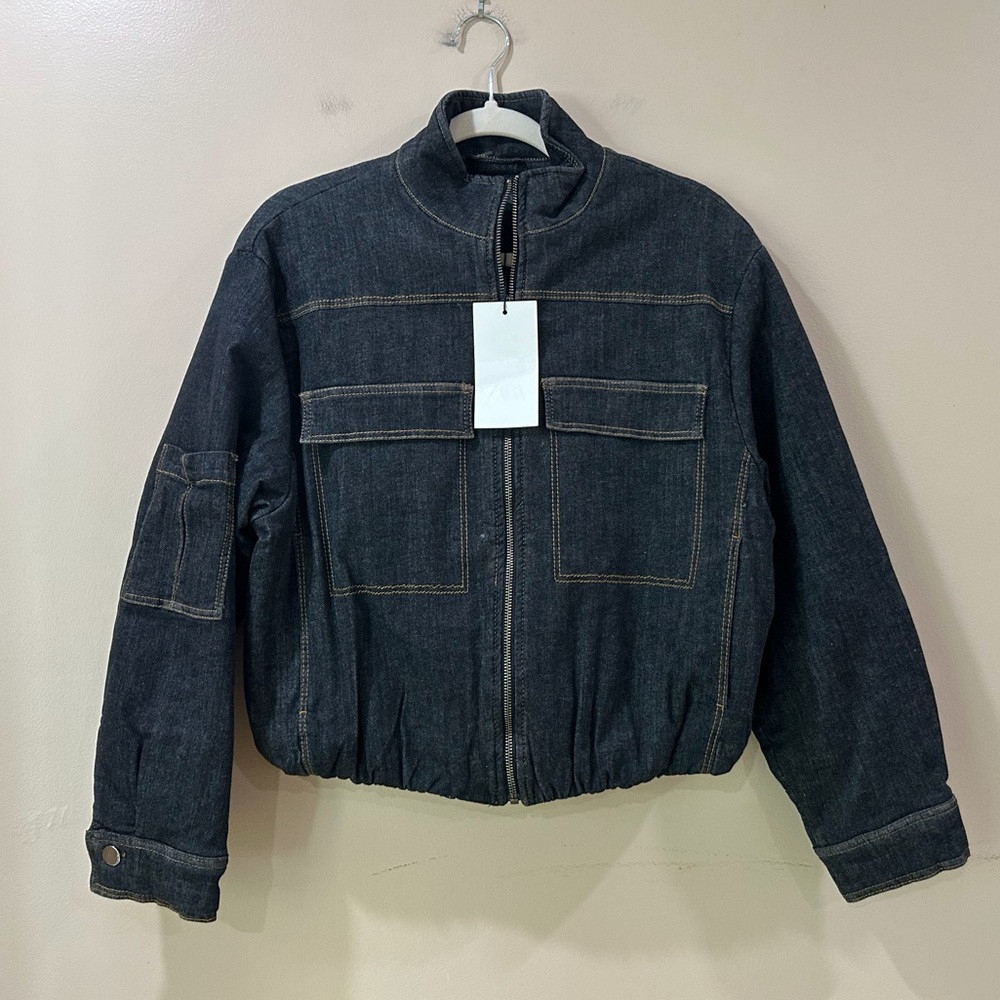 NWT ZARA Dark Wash Oversized Jean Jacket Big Front Patch Pockets Rigid Cotton S - Picture 4 of 12